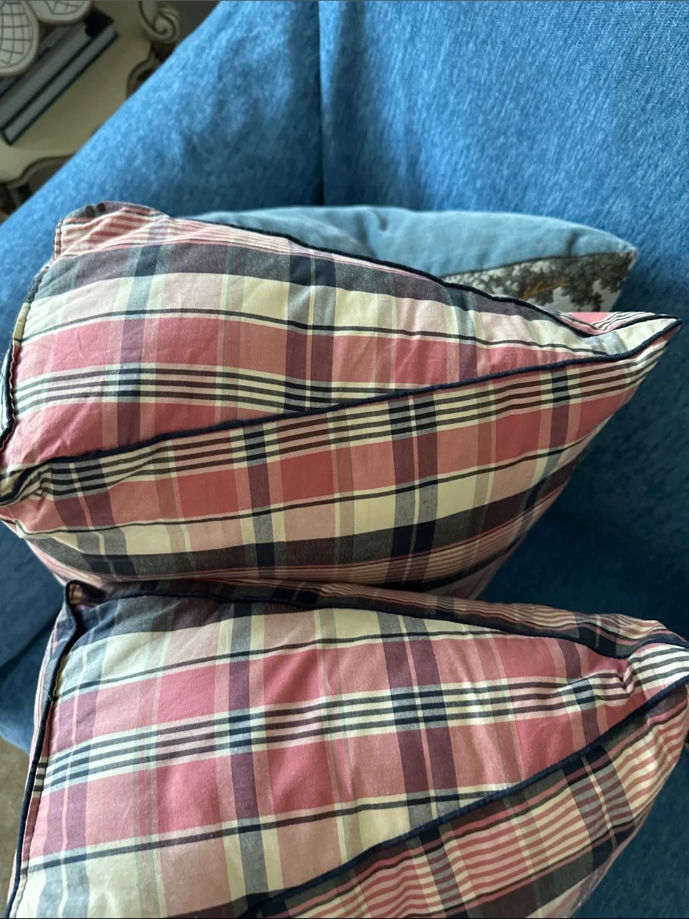 Ralph Lauren Pink & Navy Plaid Decorative Pillows with RL Monogram Set of 2
